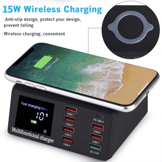 100 W 8-port USB Fast Charger PD 20 W QC 3.0,15 W Fast Wireless Charging,Fast Charging Station Compatible With All Smartphones And IPad, Camera ,headsets/Samsung/Android/Other USB Devices